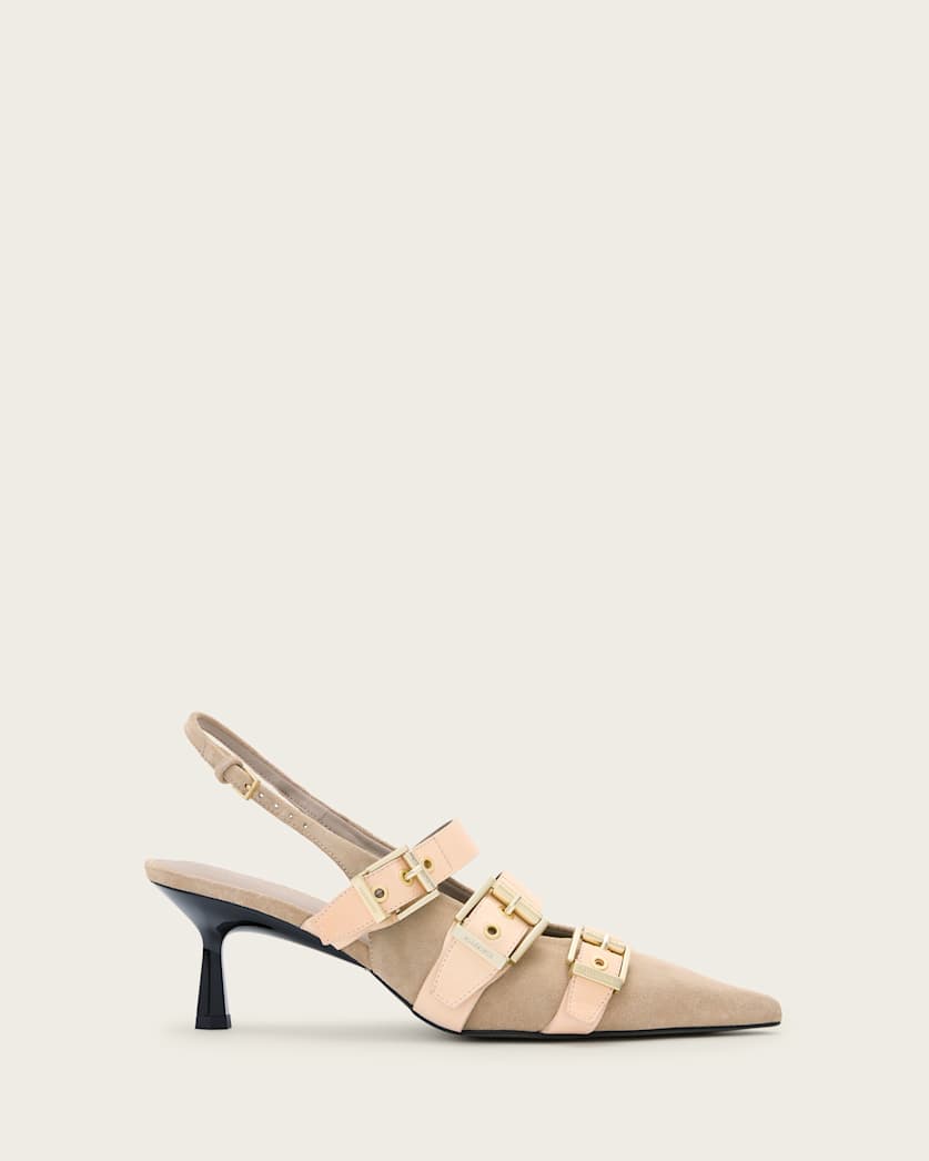 all saints Vivian Leather Buckle Slingback Heels Sand Brown