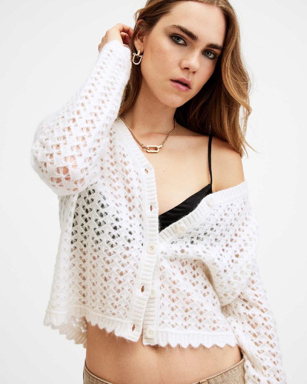 All Saints Vivian Open Stitch V-Neck Cardigan Chalk White