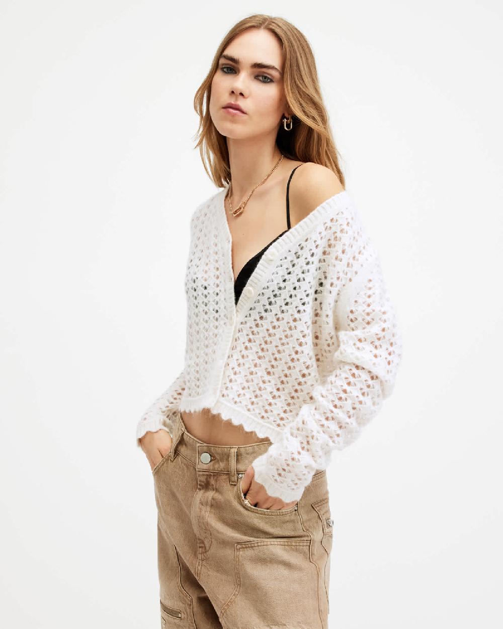 All Saints Vivian Open Stitch V-Neck Cardigan Chalk White