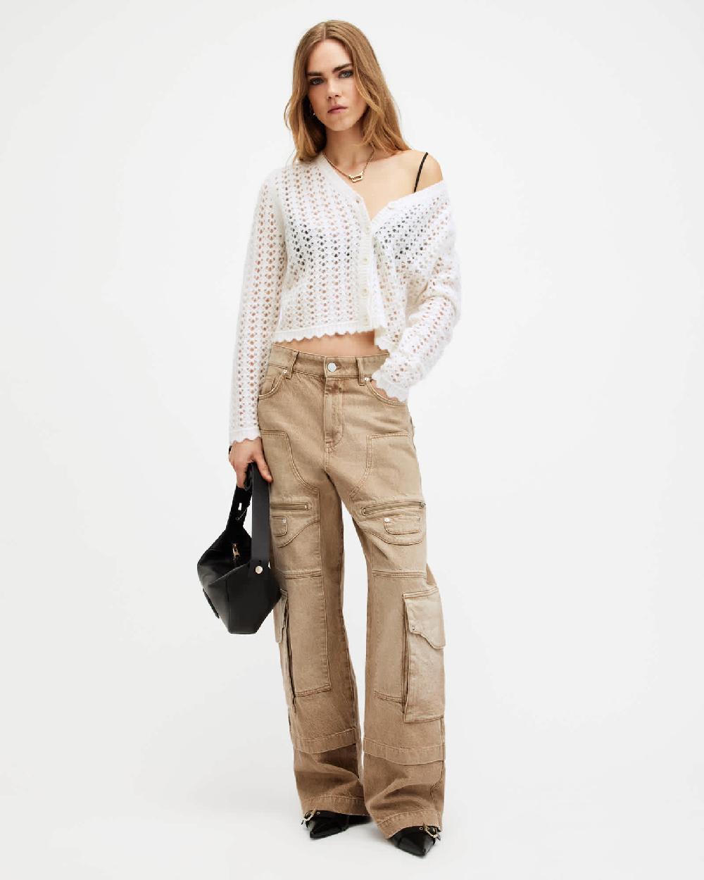 All Saints Vivian Open Stitch V-Neck Cardigan Chalk White