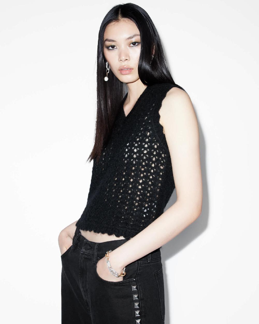 All Saints Vivian Open Stitch V-Neck Tank Top Black