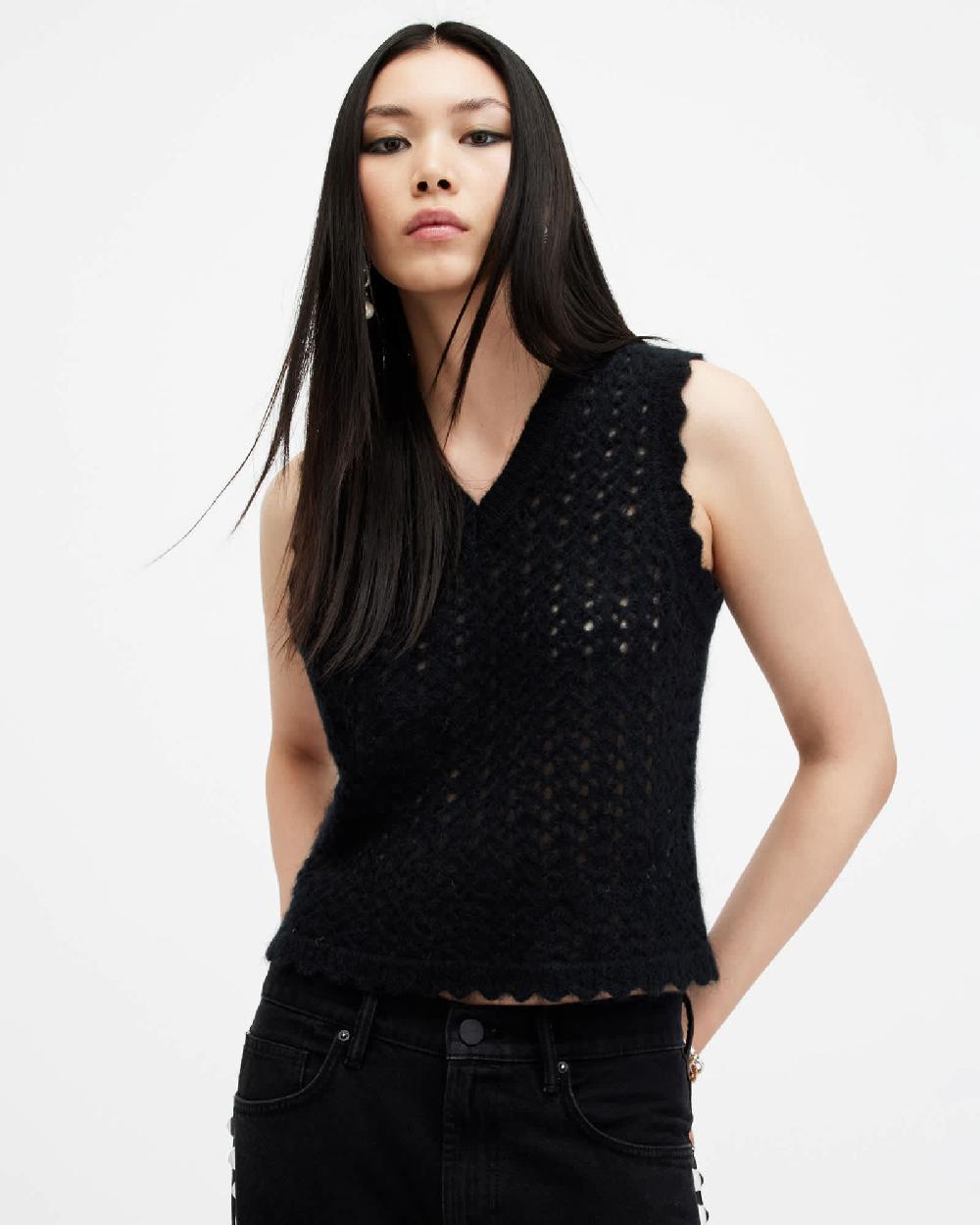 All Saints Vivian Open Stitch V-Neck Tank Top Black