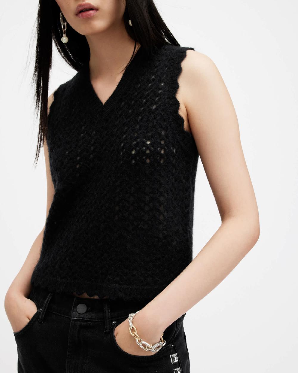 All Saints Vivian Open Stitch V-Neck Tank Top Black