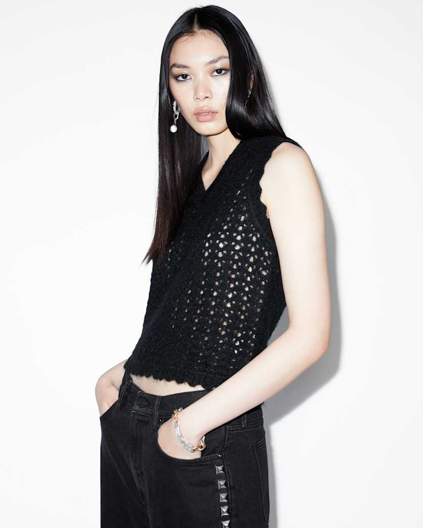 all saints Vivian Open Stitch V-Neck Tank Top Black