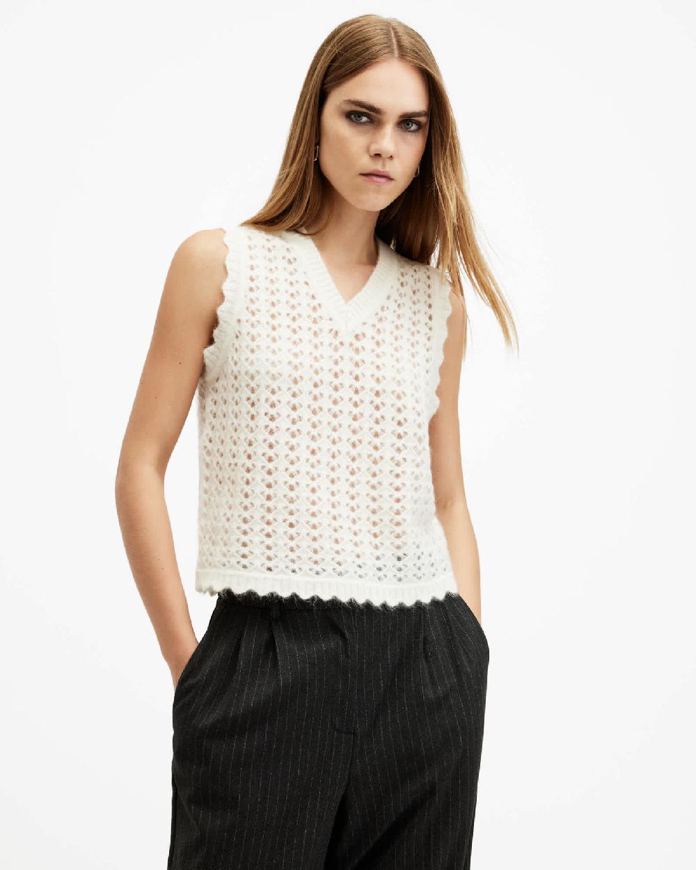 All Saints Vivian Open Stitch V-Neck Tank Top Chalk White