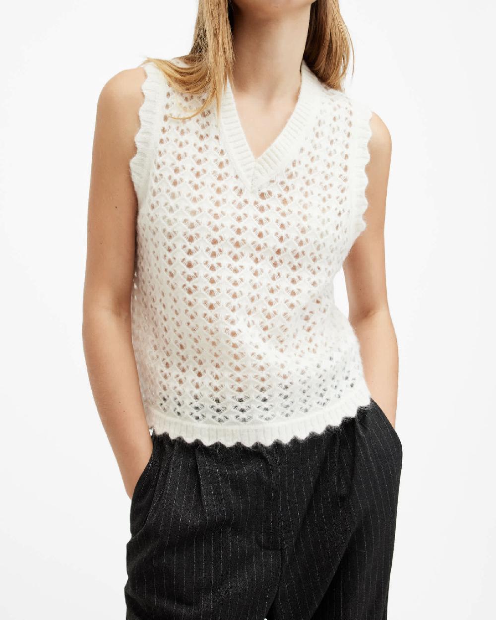 All Saints Vivian Open Stitch V-Neck Tank Top Chalk White