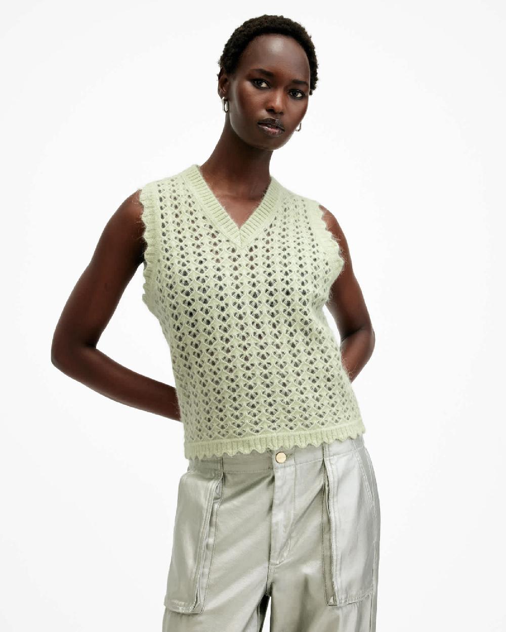 All Saints Vivian Open Stitch V-Neck Tank Top EARTH GREEN