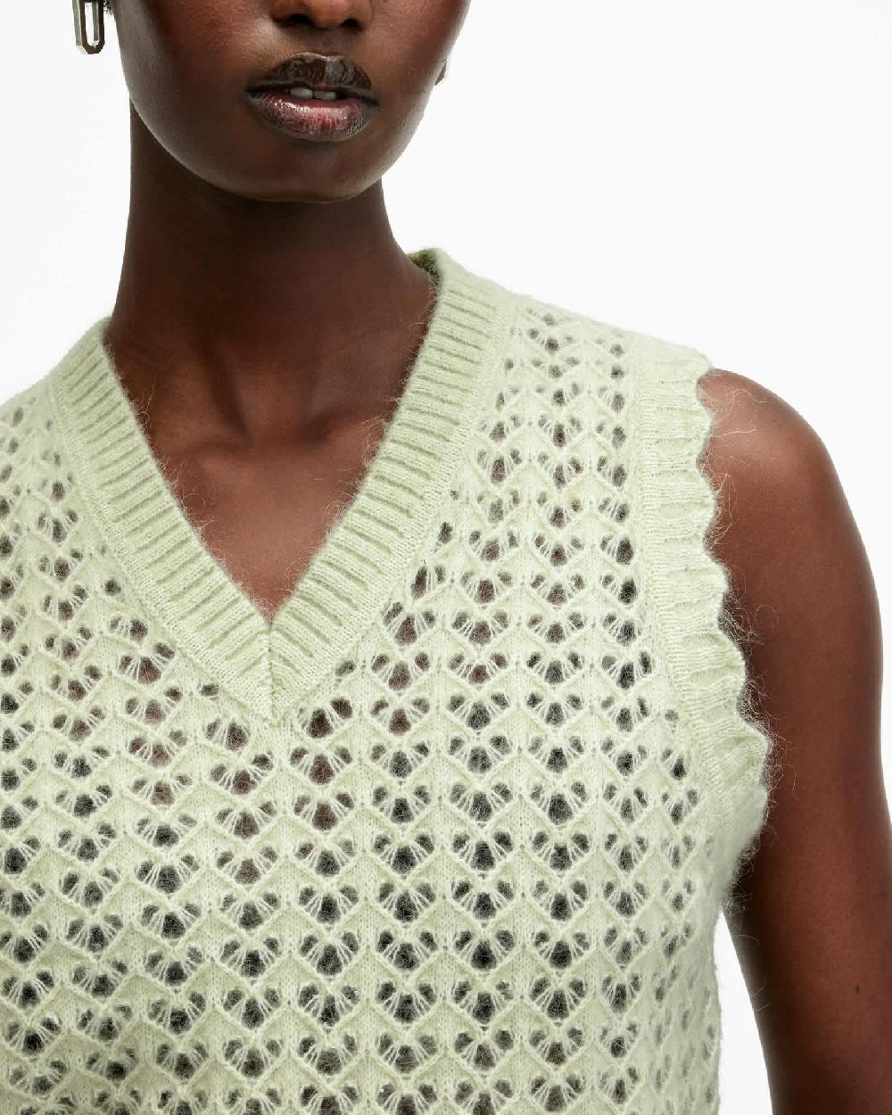 All Saints Vivian Open Stitch V-Neck Tank Top EARTH GREEN