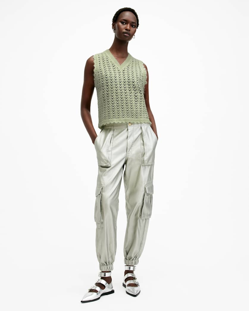 all saints Vivian Open Stitch V-Neck Tank Top EARTH GREEN