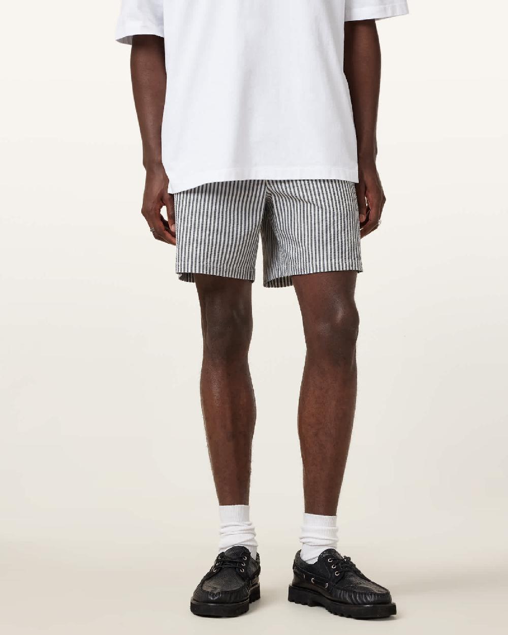 All Saints Warden Striped Seersucker Swim Shorts White/Blue