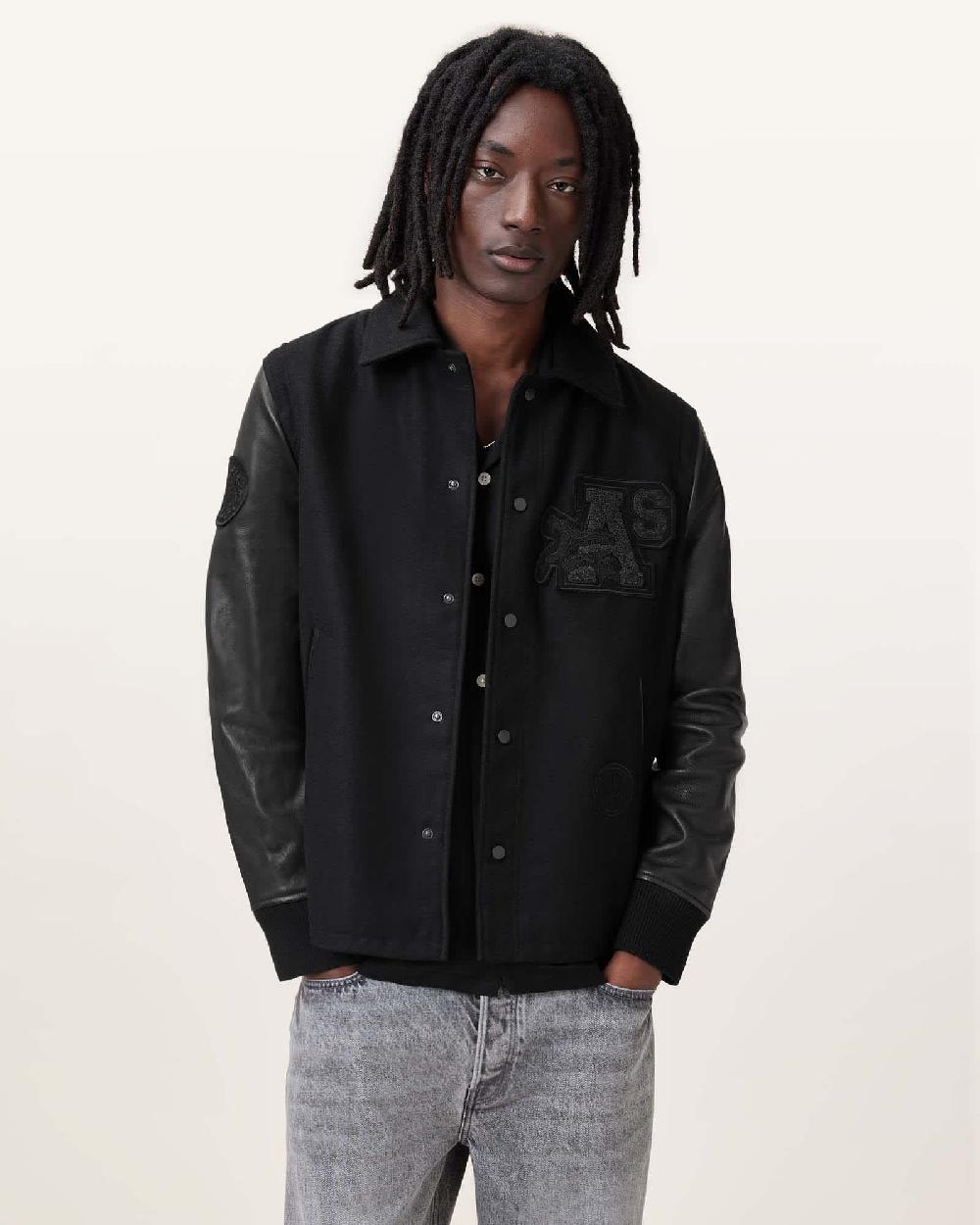 All Saints Warrenton Leather Sleeve Bomber Jacket Black