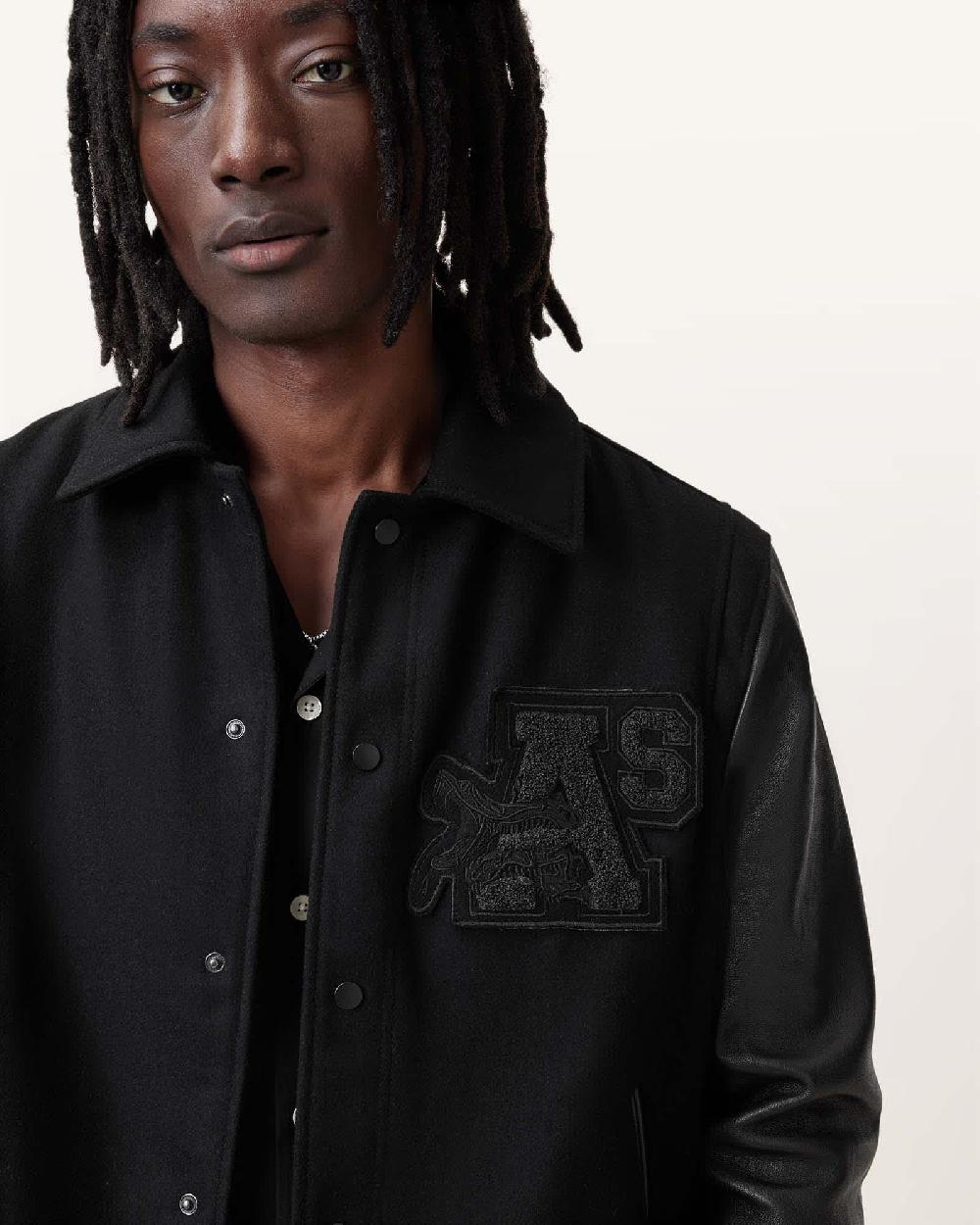 All Saints Warrenton Leather Sleeve Bomber Jacket Black