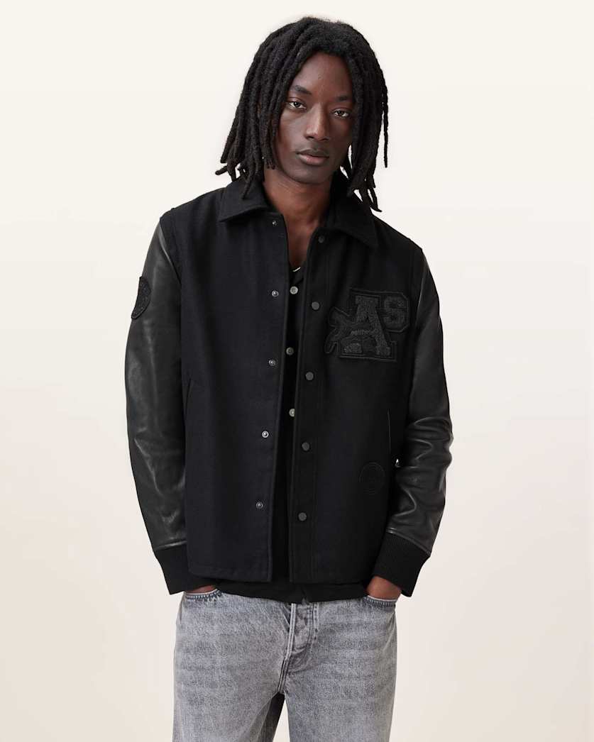 all saints Warrenton Leather Sleeve Bomber Jacket Black