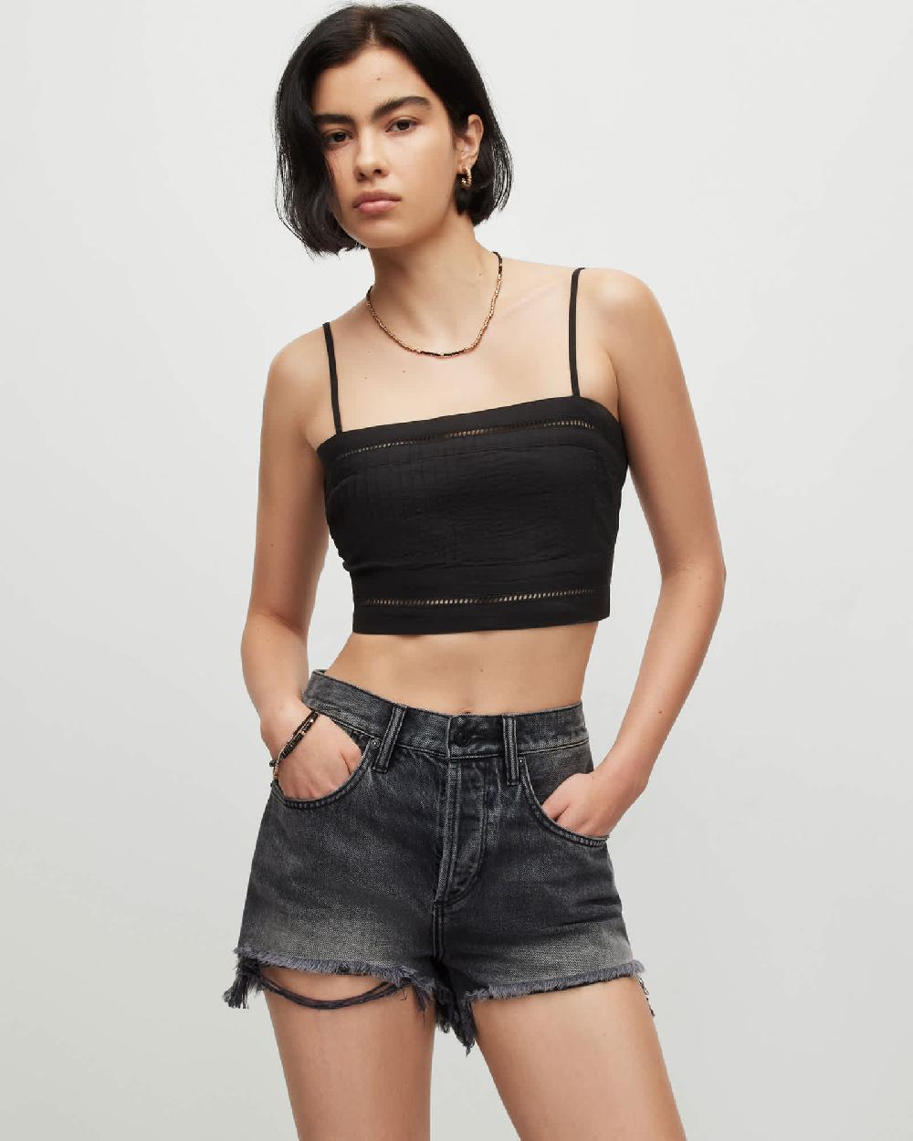 All Saints Whitley Broderie Ladder Trim Cropped Top Black