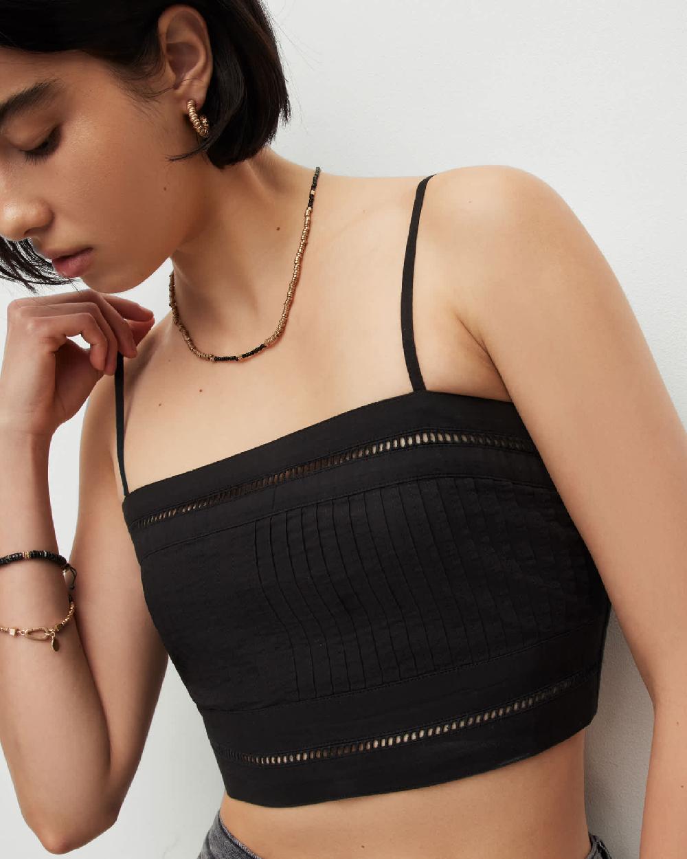 All Saints Whitley Broderie Ladder Trim Cropped Top Black