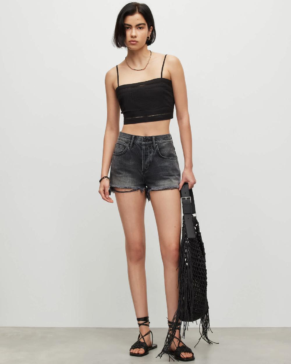 All Saints Whitley Broderie Ladder Trim Cropped Top Black