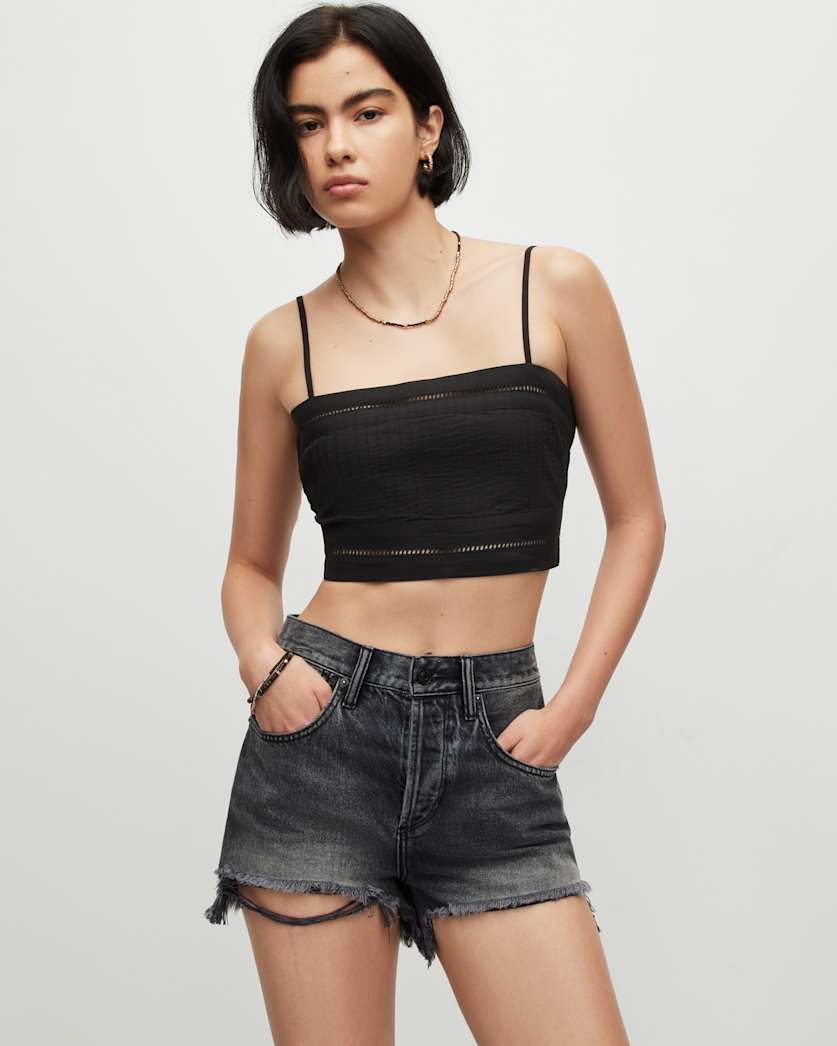all saints Whitley Broderie Ladder Trim Cropped Top Black