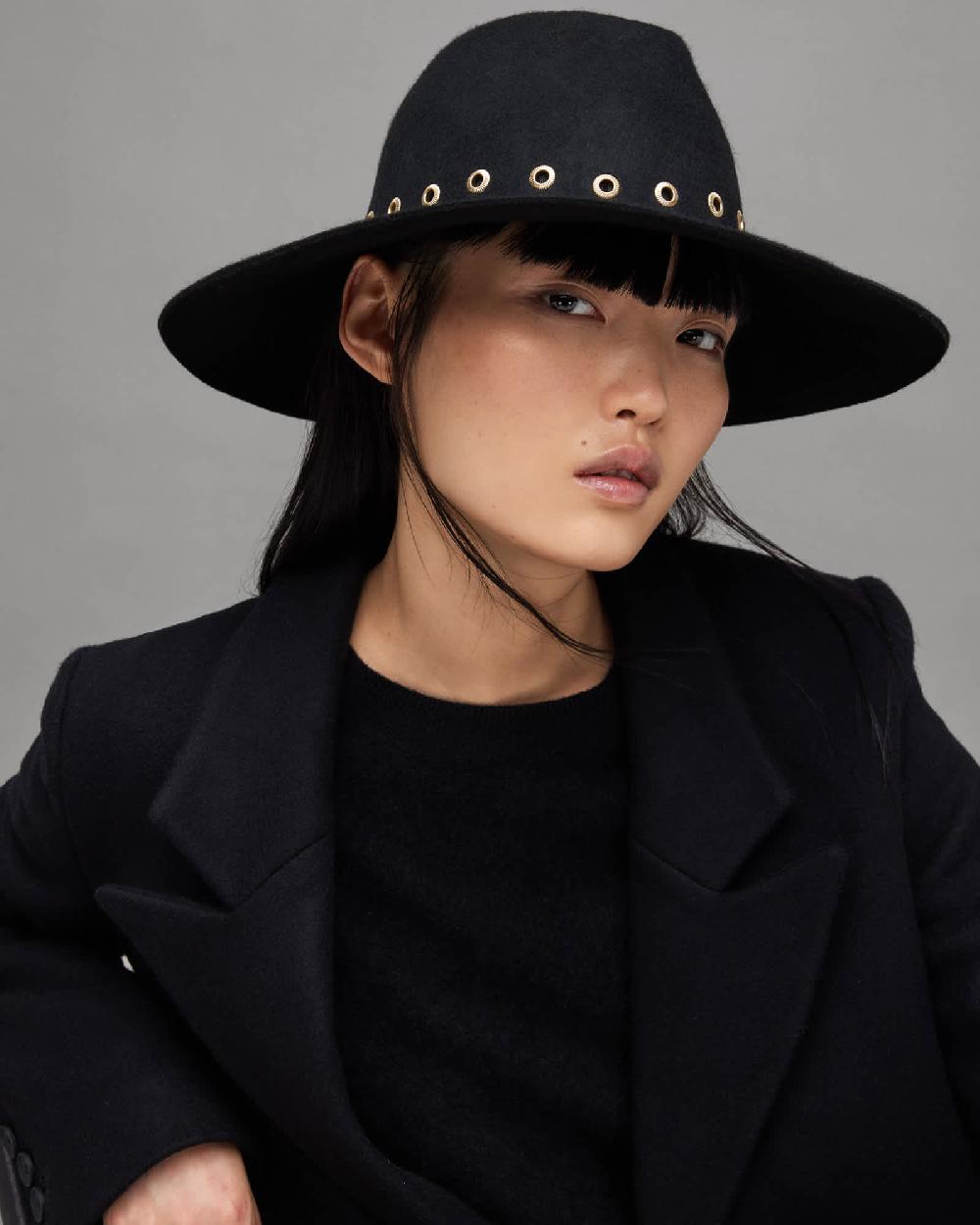 All Saints Whitley Textured Eyelet Wool Fedora BLACK/WARM BRASS