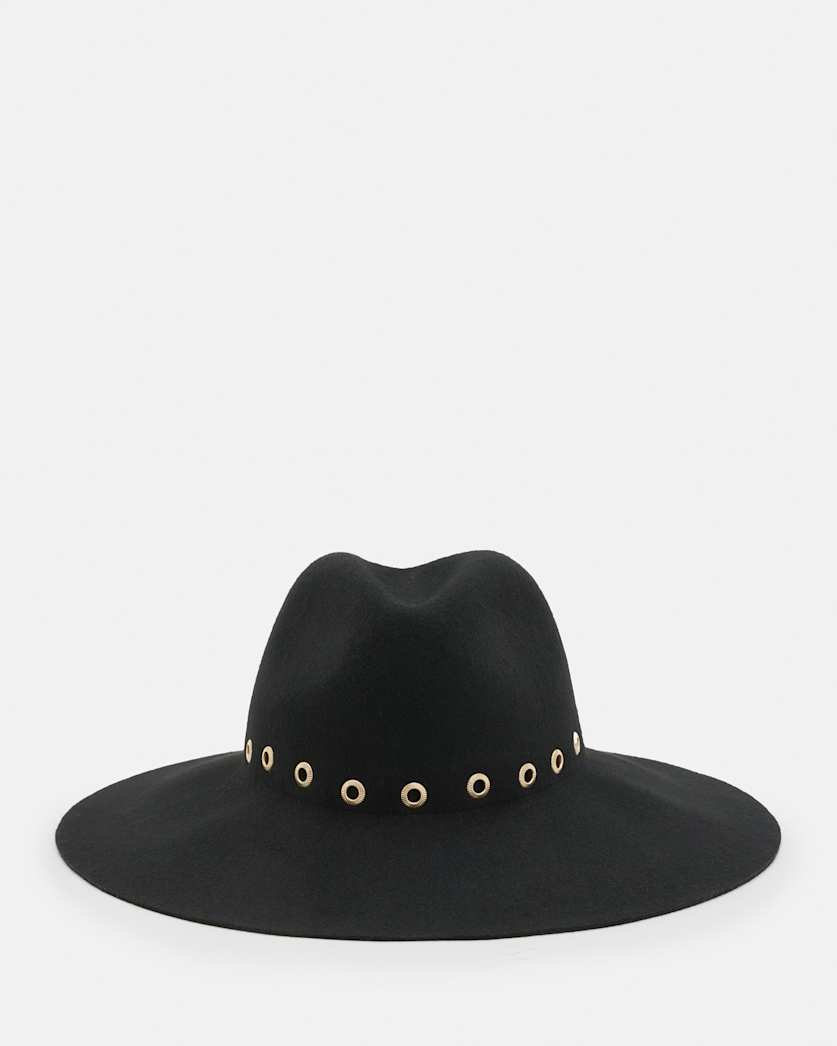 all saints Whitley Textured Eyelet Wool Fedora BLACK/WARM BRASS