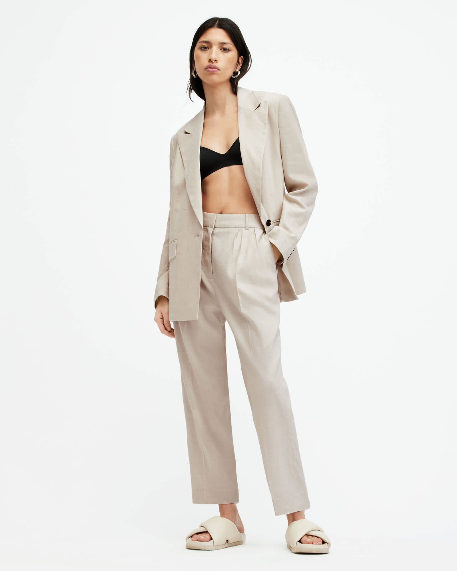 All Saints Whitney Linen Blend Relaxed Fit Blazer Neutral Beige