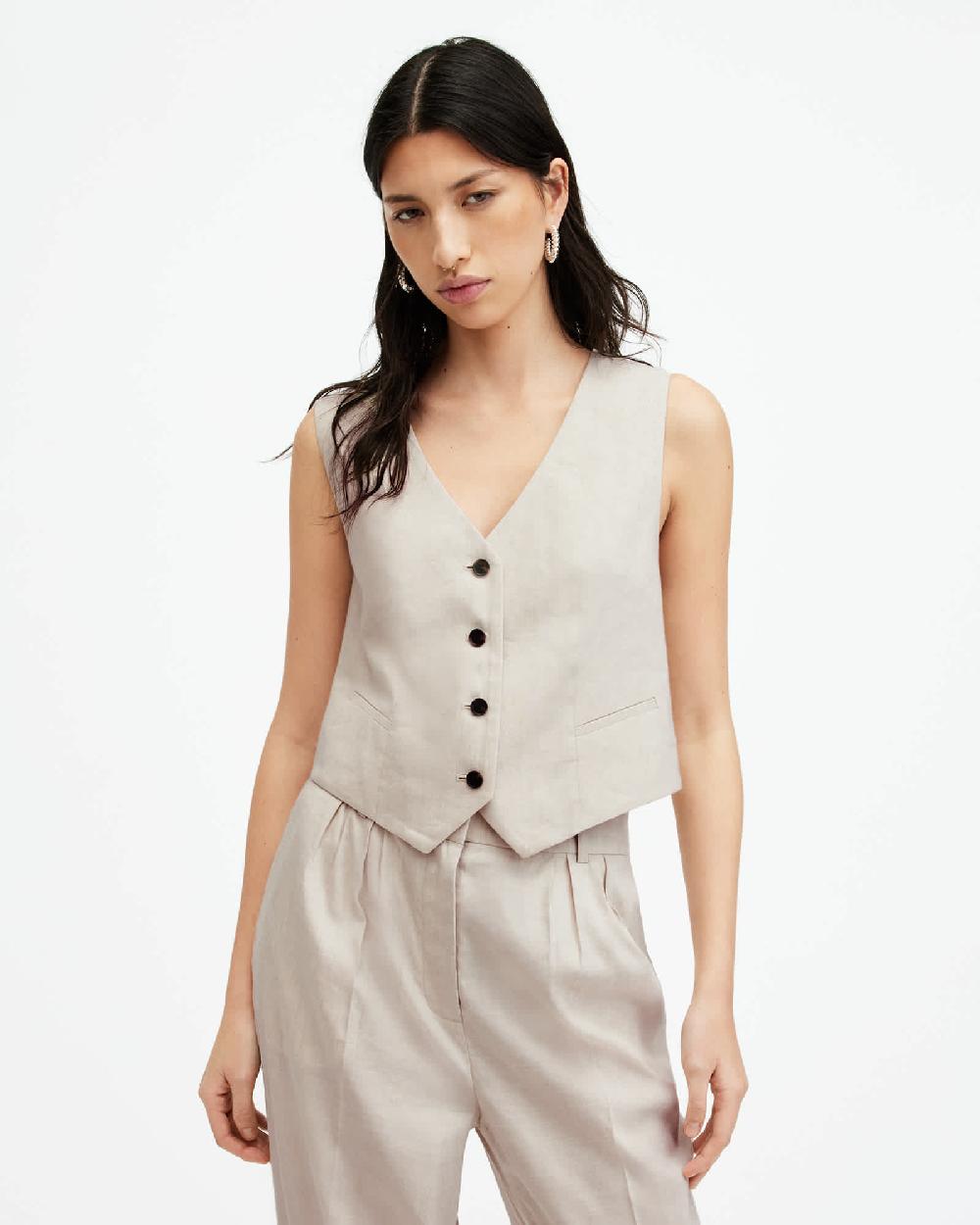 All Saints Whitney Linen Blend V-Neck Vest Neutral Beige
