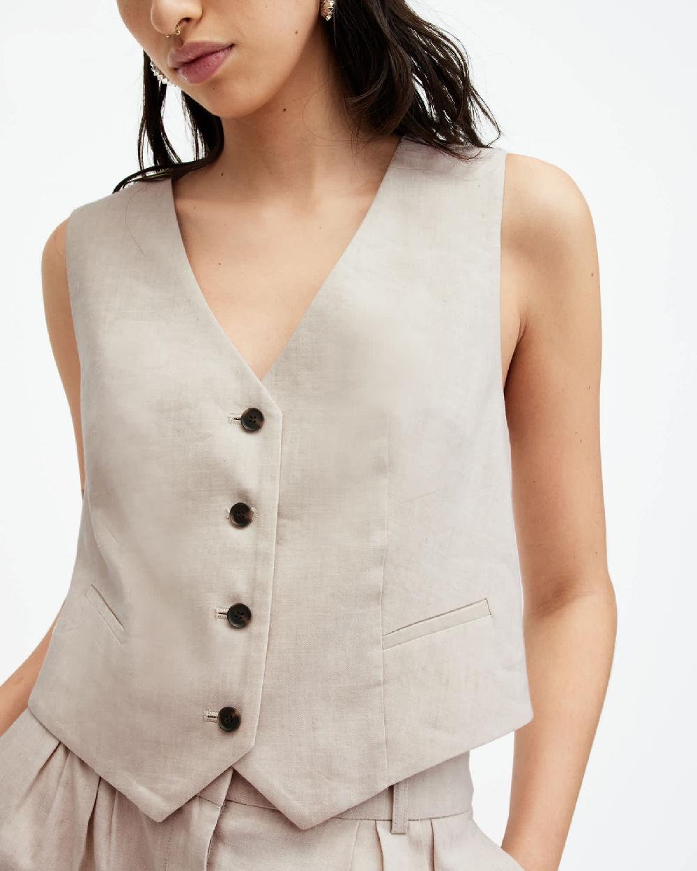 All Saints Whitney Linen Blend V-Neck Vest Neutral Beige