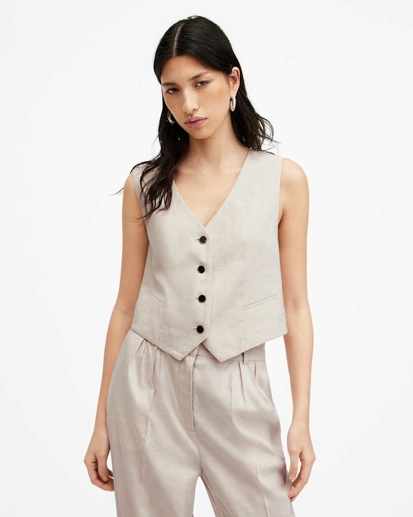 all saints Whitney Linen Blend V-Neck Vest Neutral Beige