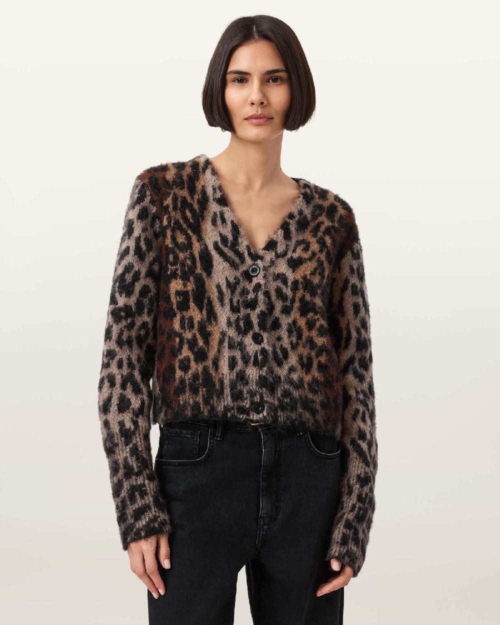 All Saints Wick Leopard Jacquard Cropped Cardigan Leopard Brown