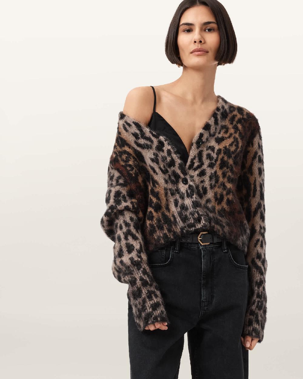 All Saints Wick Leopard Jacquard Cropped Cardigan Leopard Brown