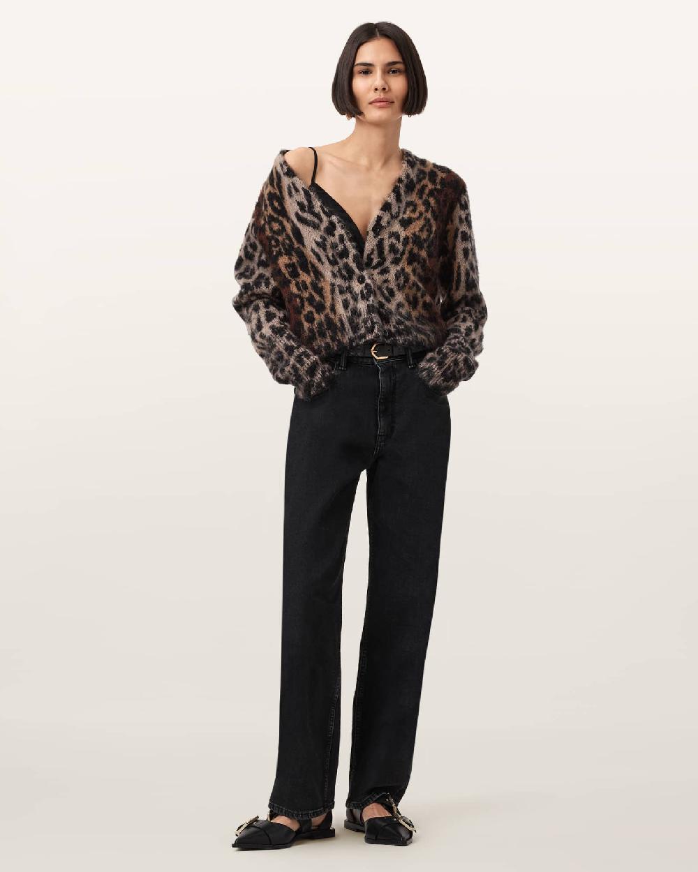 All Saints Wick Leopard Jacquard Cropped Cardigan Leopard Brown