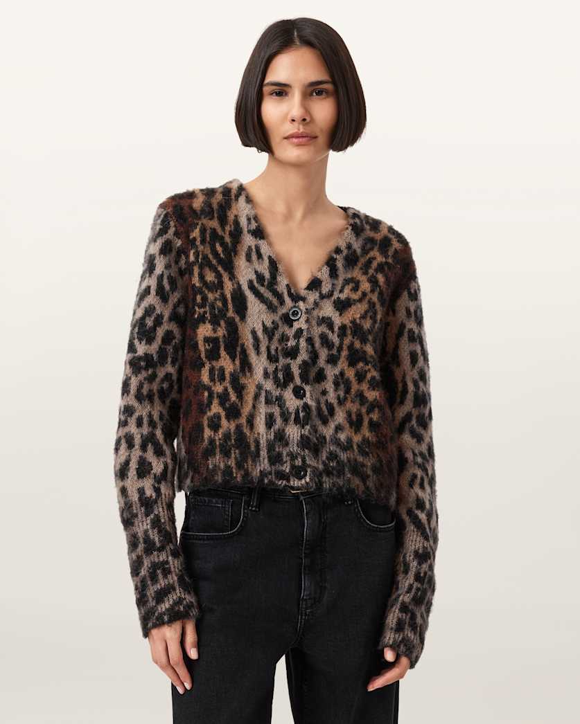 all saints Wick Leopard Jacquard Cropped Cardigan Leopard Brown