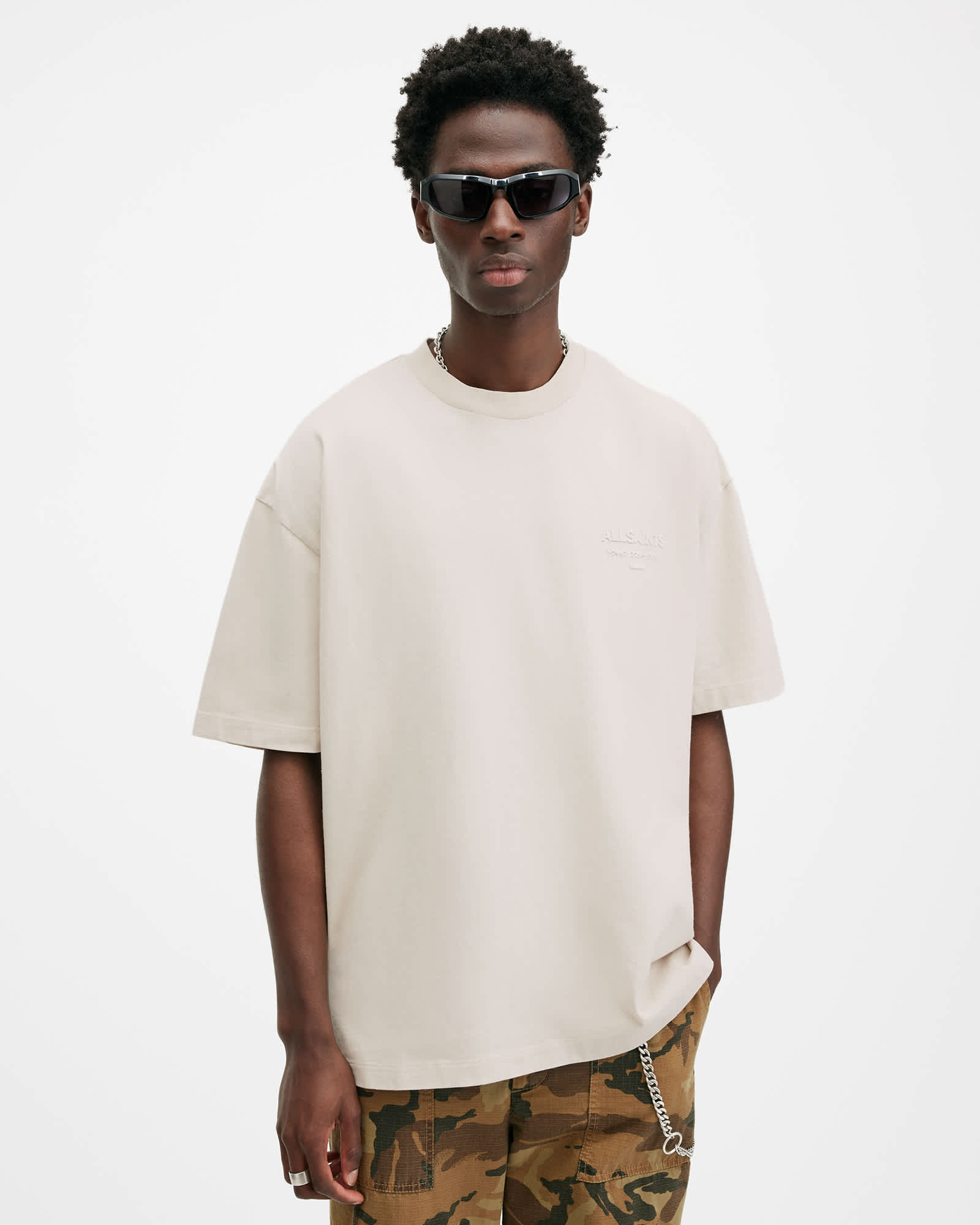 All Saints Xander Flocked Logo Oversized T-Shirt MUTED WHITE