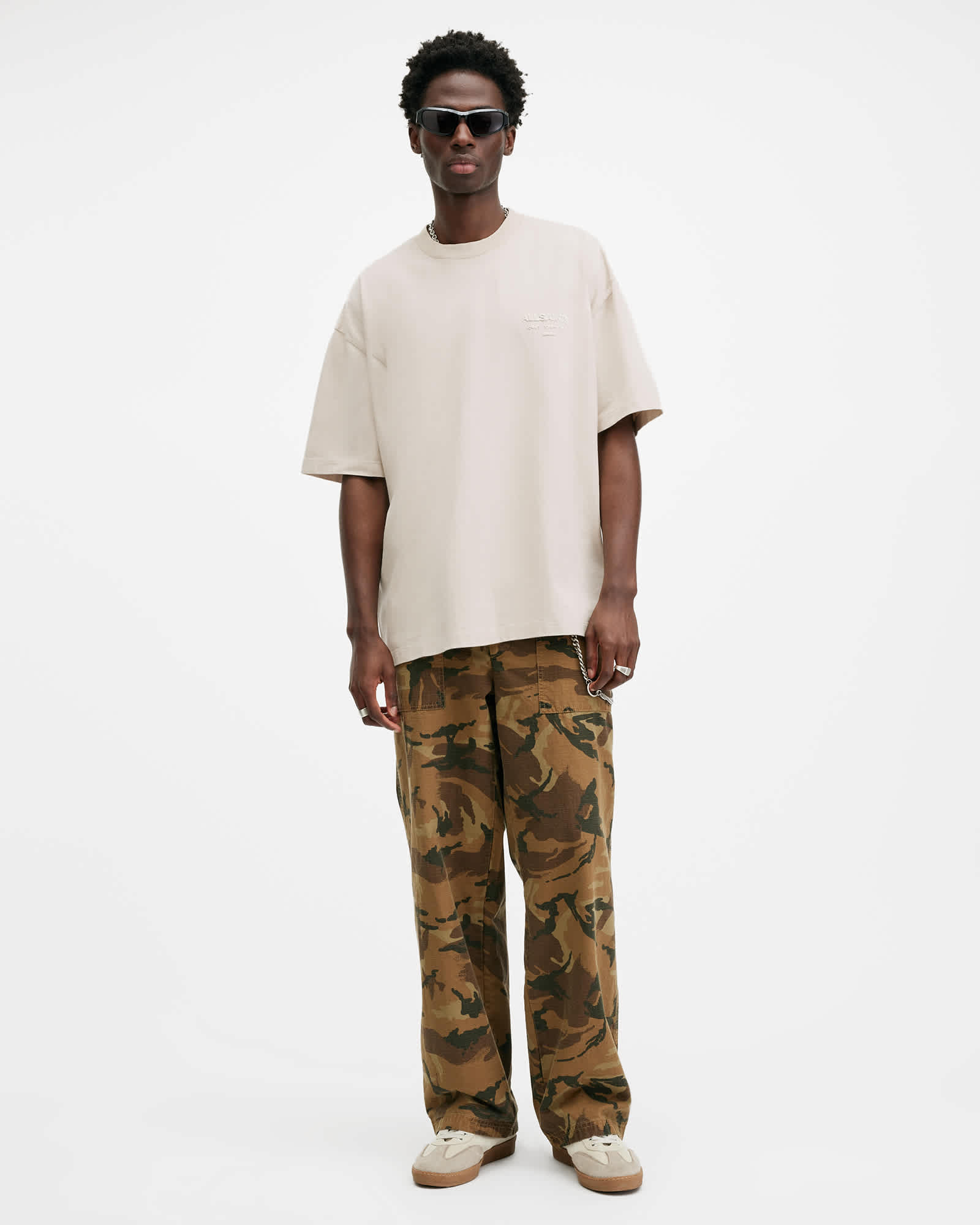 All Saints Xander Flocked Logo Oversized T-Shirt MUTED WHITE