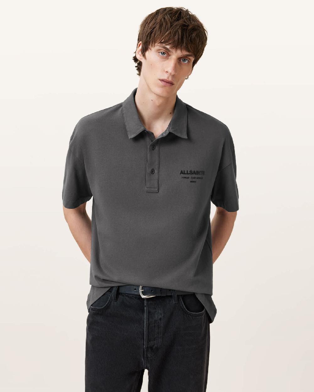 All Saints Xander Oversized Short Sleeve Polo Shirt GRAVESTONE GREY