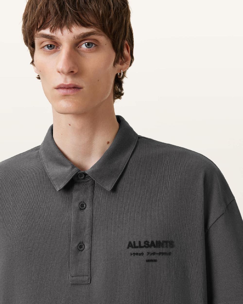 All Saints Xander Oversized Short Sleeve Polo Shirt GRAVESTONE GREY