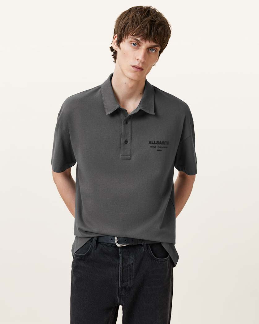 all saints Xander Oversized Short Sleeve Polo Shirt GRAVESTONE GREY