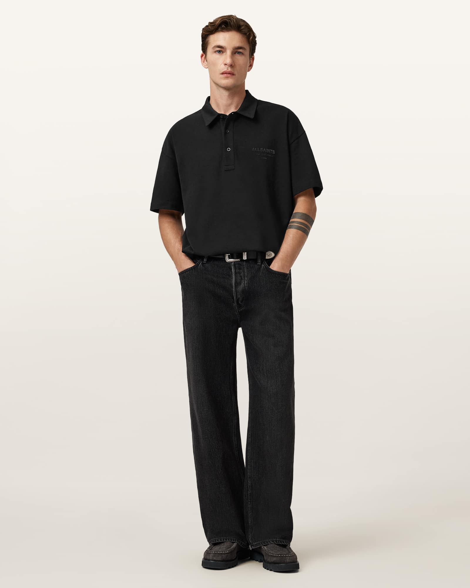All Saints Xander Oversized Short Sleeve Polo Shirt Jet Black