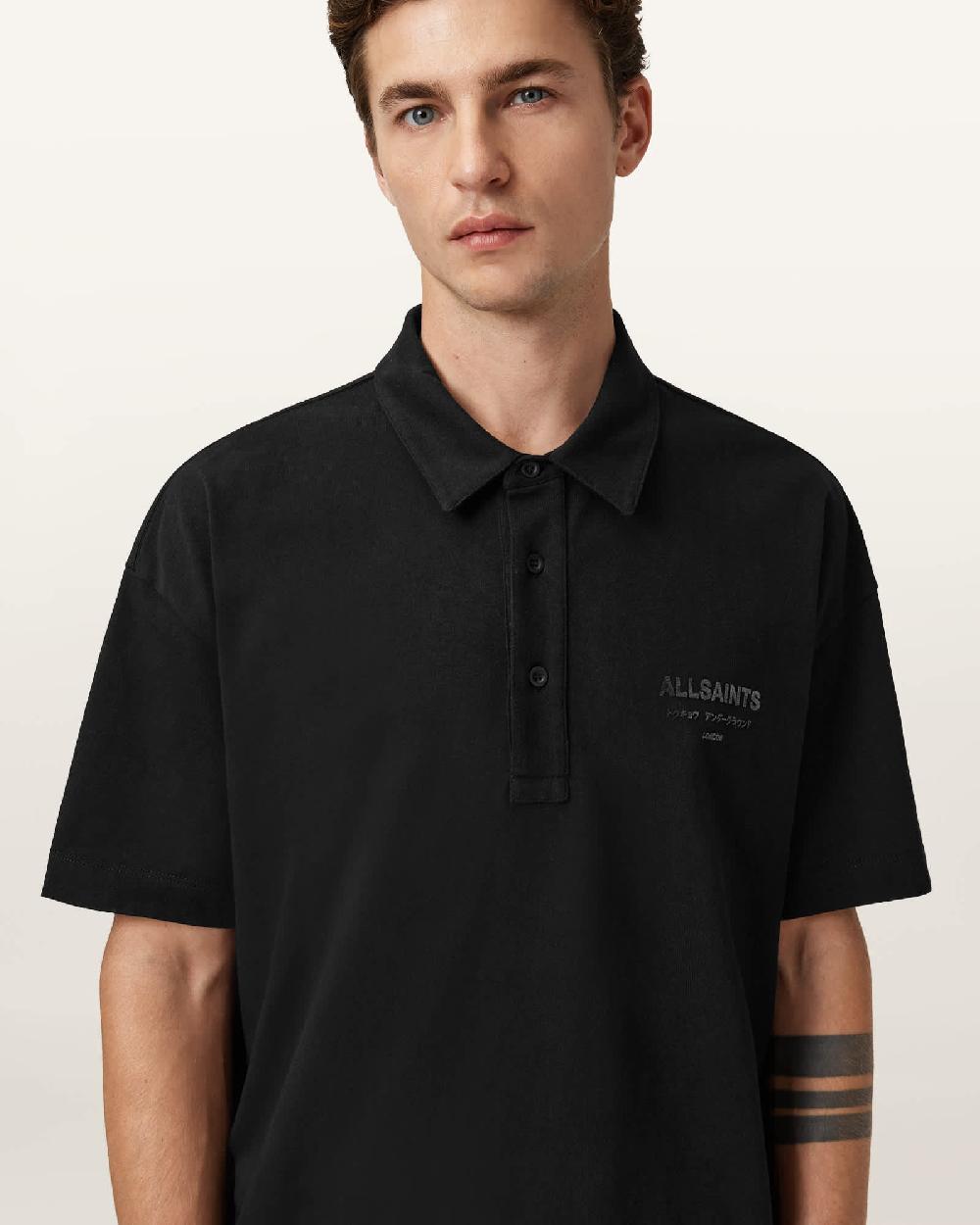 All Saints Xander Oversized Short Sleeve Polo Shirt Jet Black