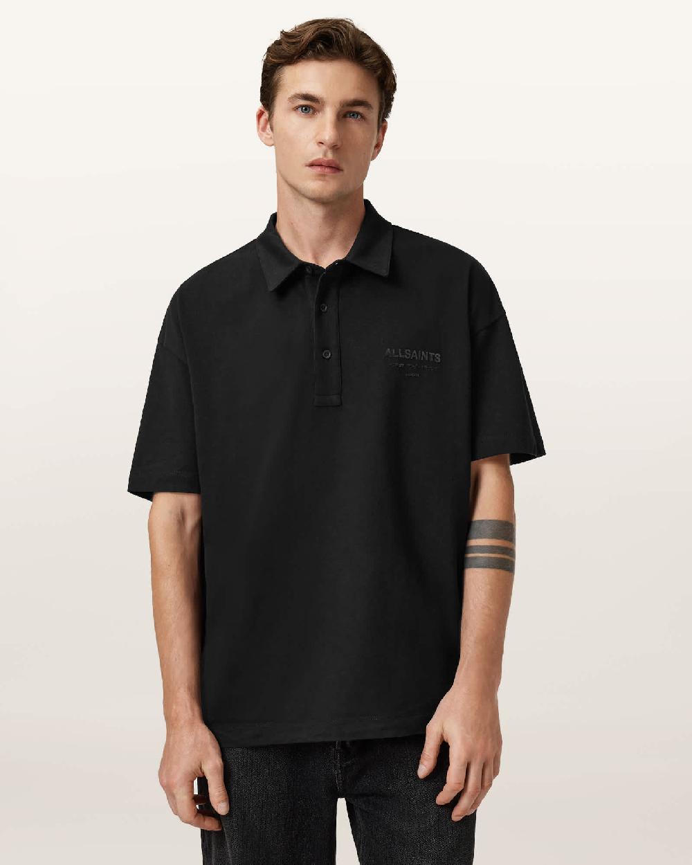 All Saints Xander Oversized Short Sleeve Polo Shirt Jet Black