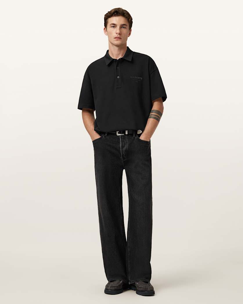 all saints Xander Oversized Short Sleeve Polo Shirt Jet Black