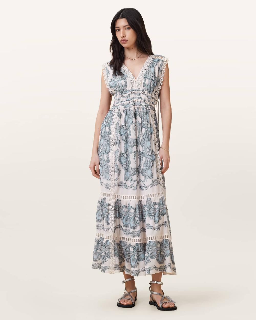 All Saints Xanthe Lace-Trimmed Maxi Dress Lita Soft Blue