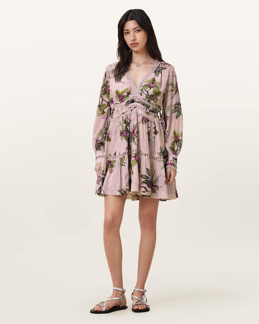 all saints Xanthe Lace-Trimmed Mini Dress Adena Soft Pink