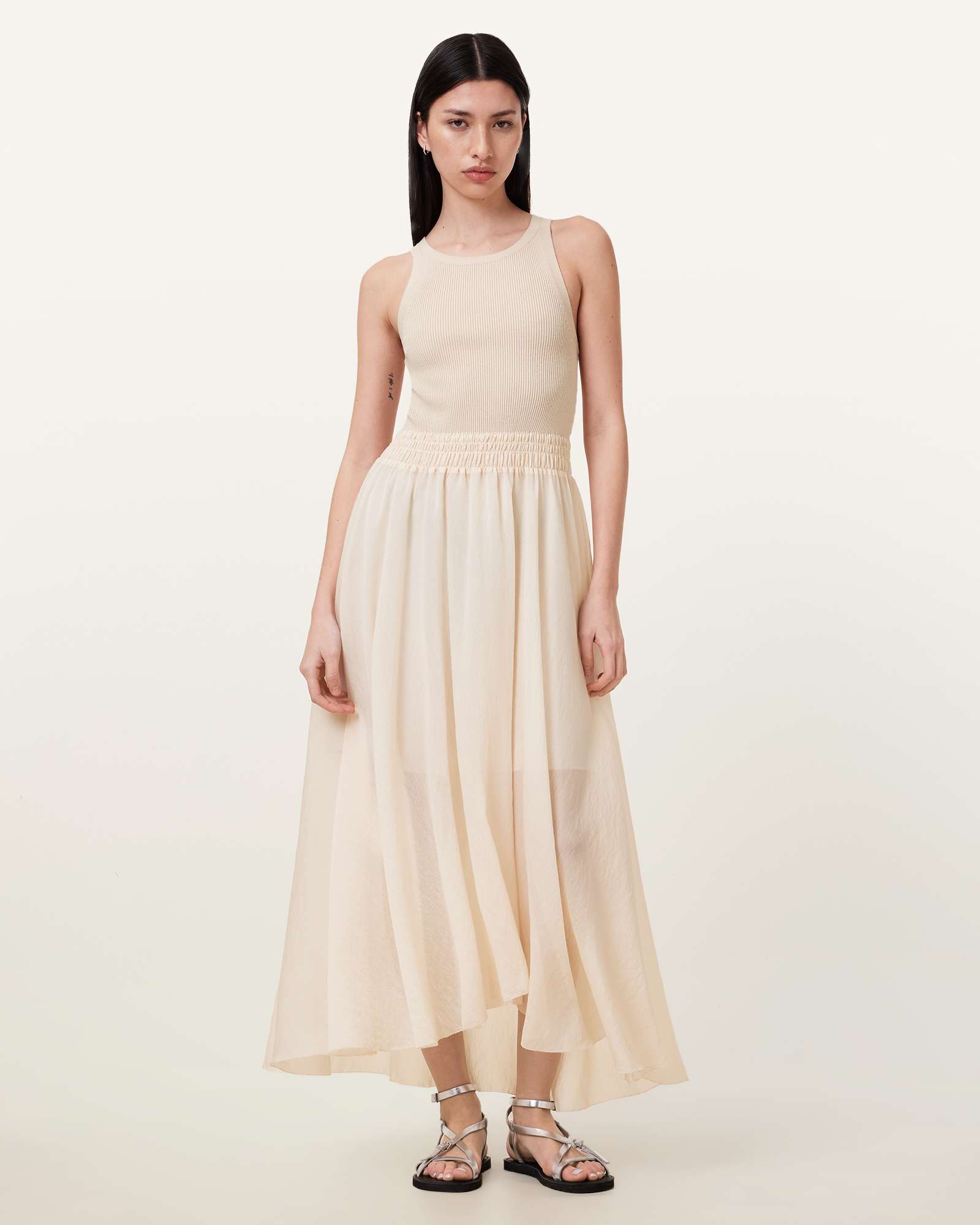 All Saints Zenia Sleeveless Asymmetric Midi Dress Almond White