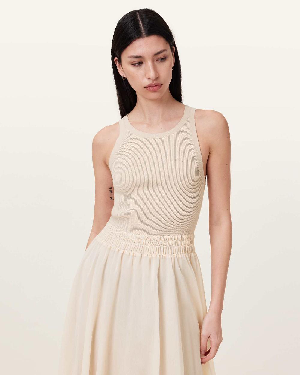 All Saints Zenia Sleeveless Asymmetric Midi Dress Almond White
