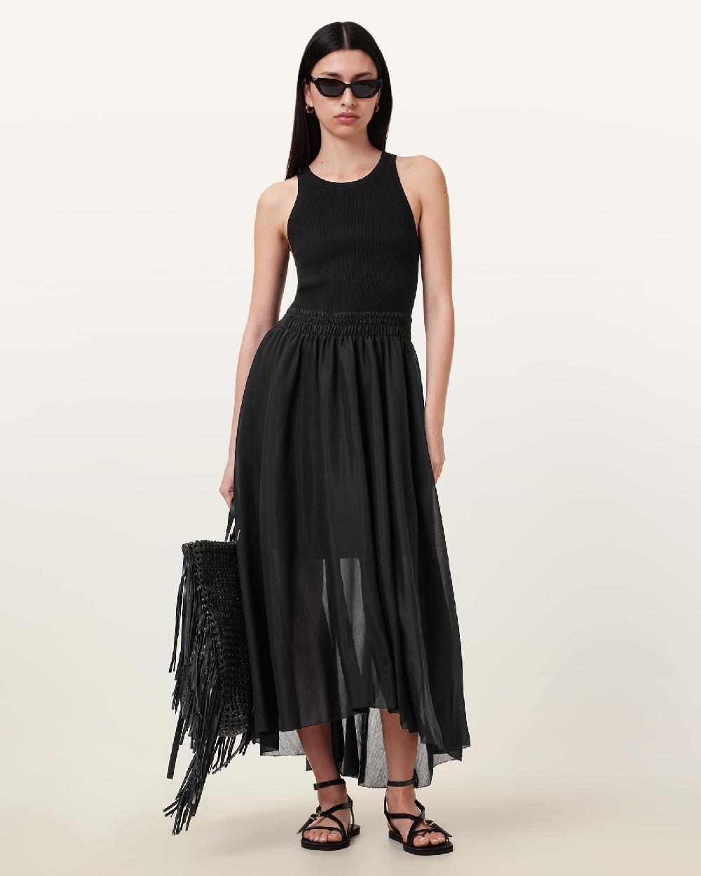 All Saints Zenia Sleeveless Asymmetric Midi Dress Black