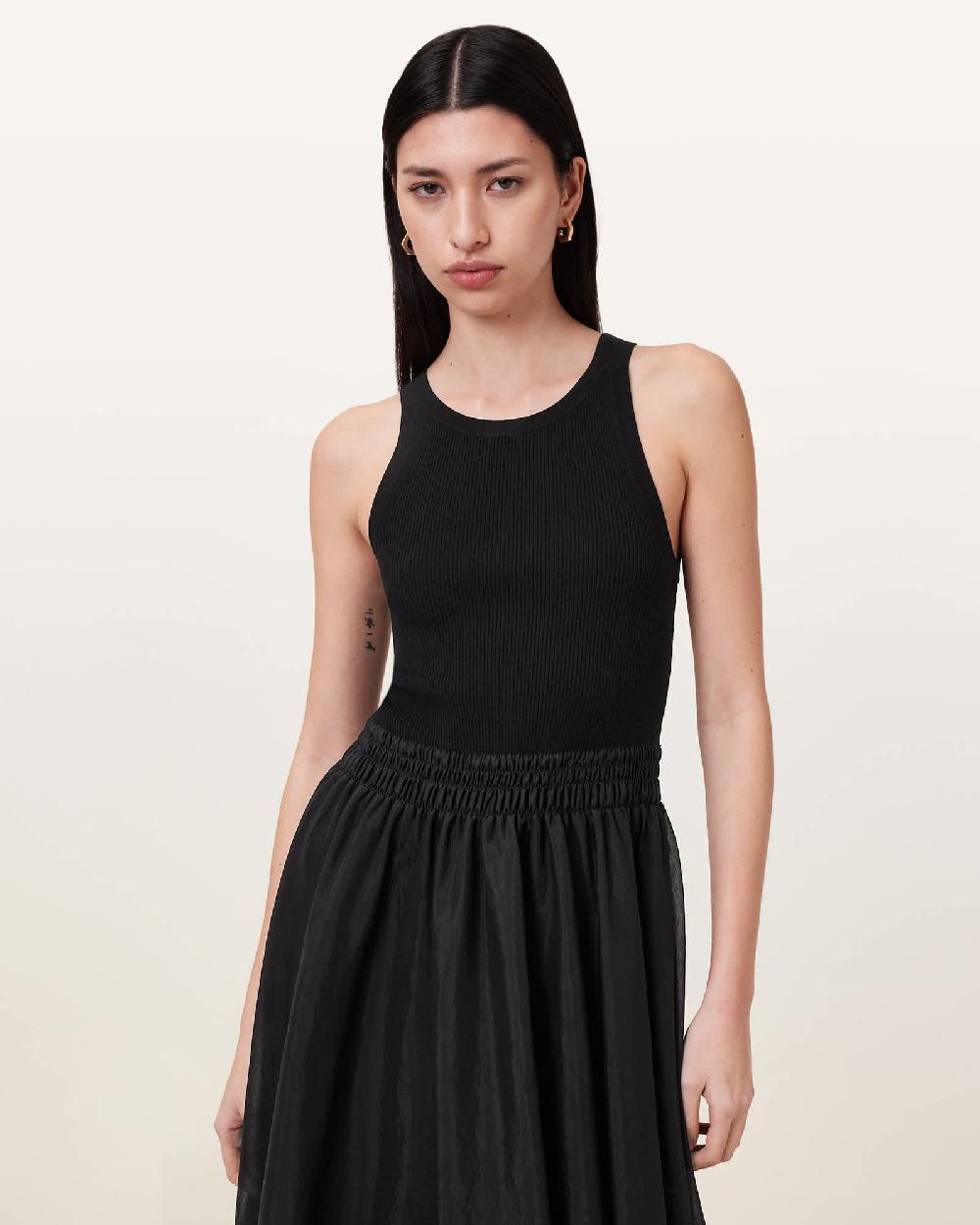 All Saints Zenia Sleeveless Asymmetric Midi Dress Black