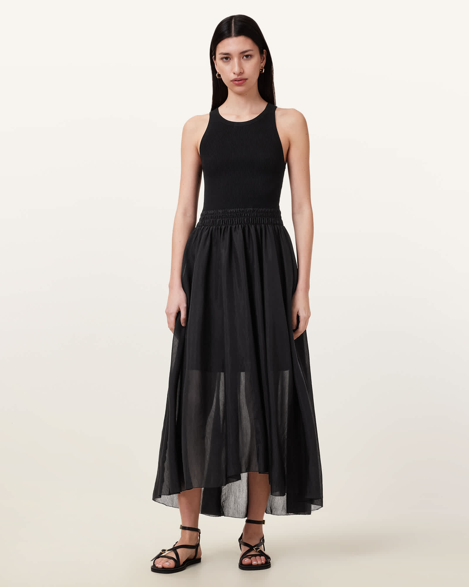 All Saints Zenia Sleeveless Asymmetric Midi Dress Black