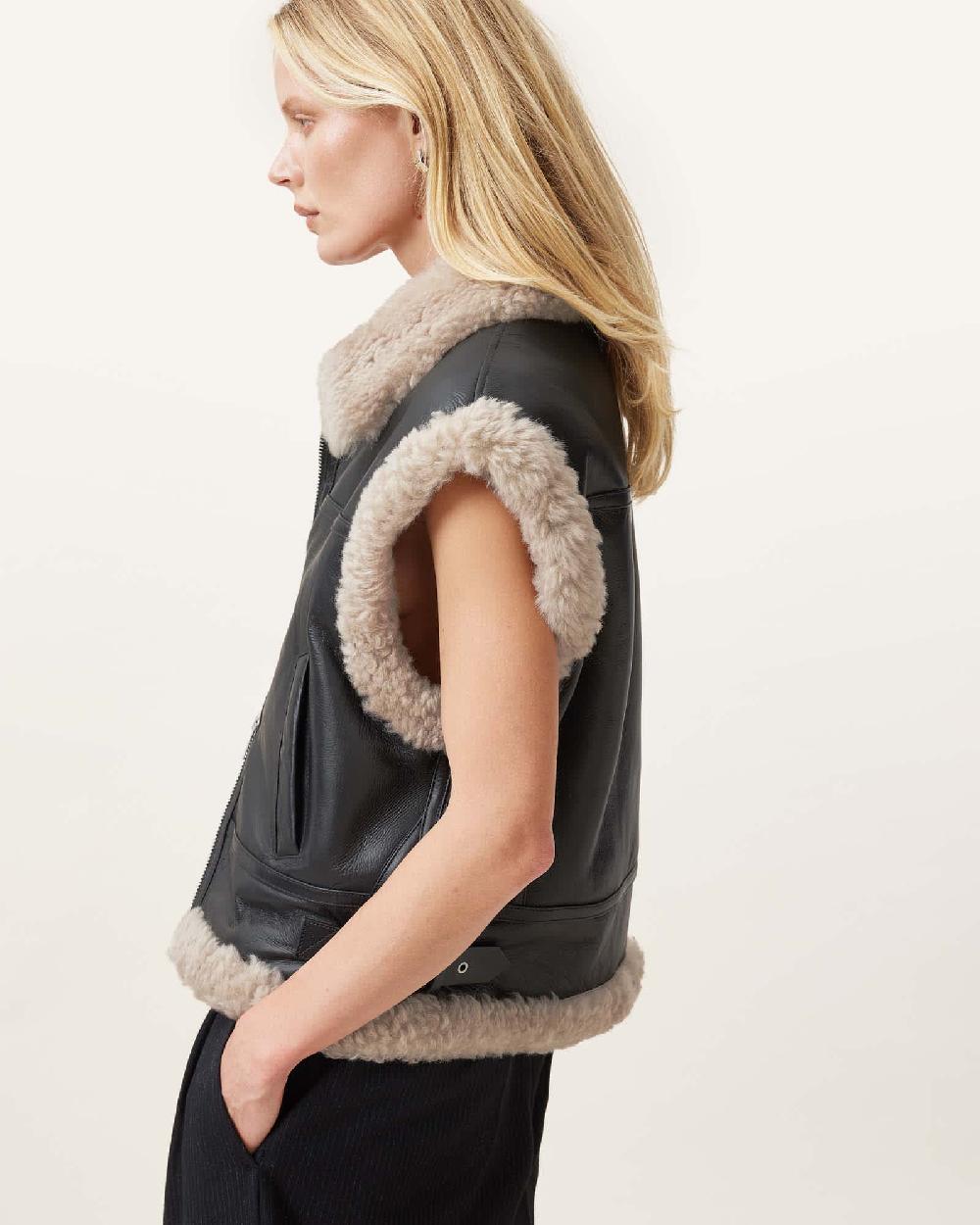 All Saints Zep Sleeveless Shearling GIlet Black/Ecru