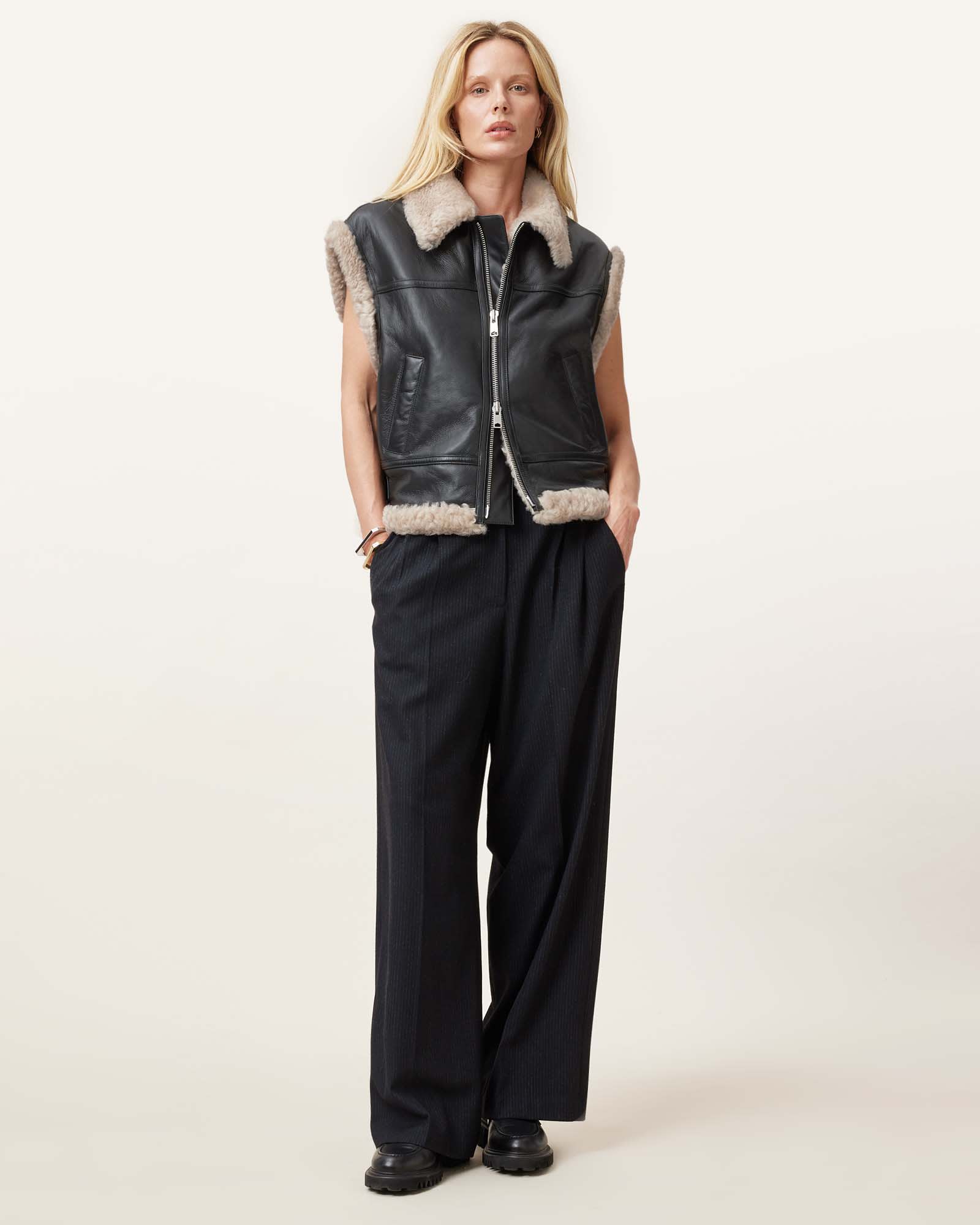 All Saints Zep Sleeveless Shearling GIlet Black/Ecru
