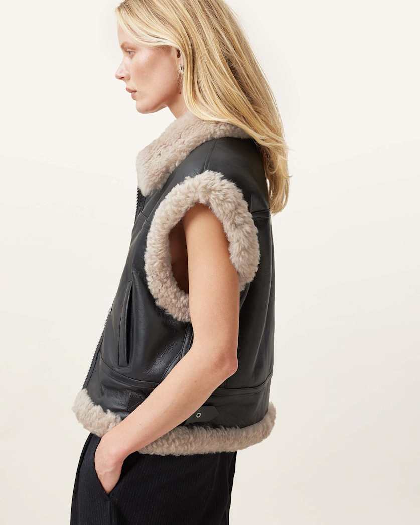 all saints Zep Sleeveless Shearling GIlet Black/Ecru